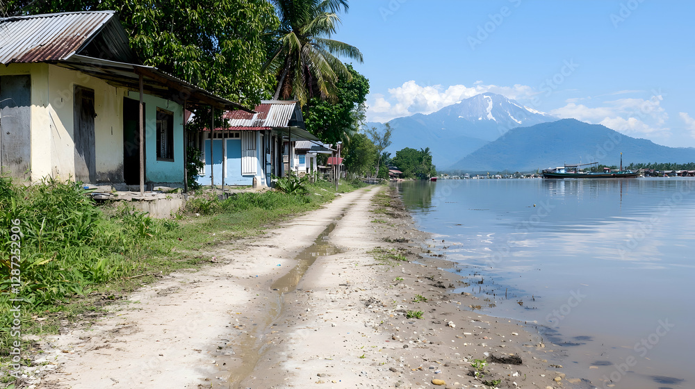 Coastal village houses, calm river, mountain view, rural scene Coastal village houses, calm river, mountain view, rural scene