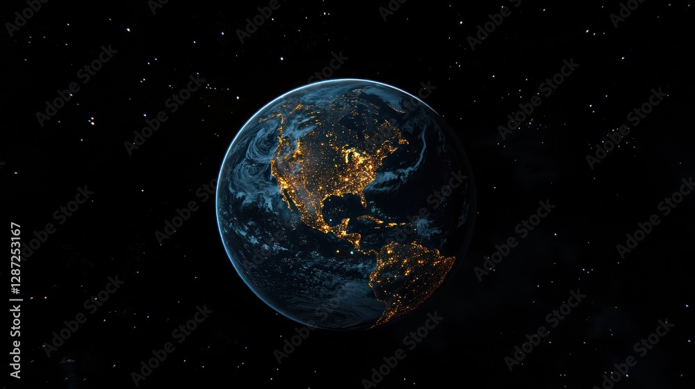 Night Earth, space, city lights, stars, global view, environmental, science, background, education Night Earth, space, city lights, stars, global view, environmental, science, background, education
