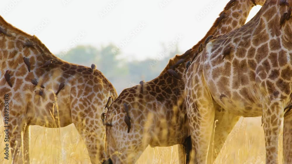 A curious Northern Giraffe (Giraffa camelopardalis) gazes directly at the camera, standing tall in the lush Okavango Delta, Moremi Game Reserve, with Oxpeckers (Buphagus spp.) perched on it. 