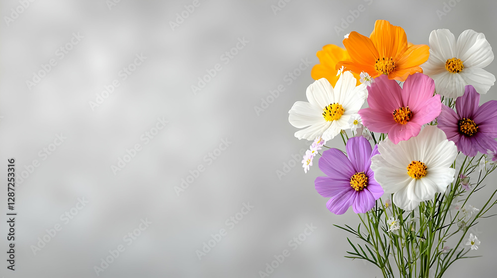 Fototapeta premium Colorful cosmos flowers arranged on the right side against a soft grey bokeh background with copy space.
