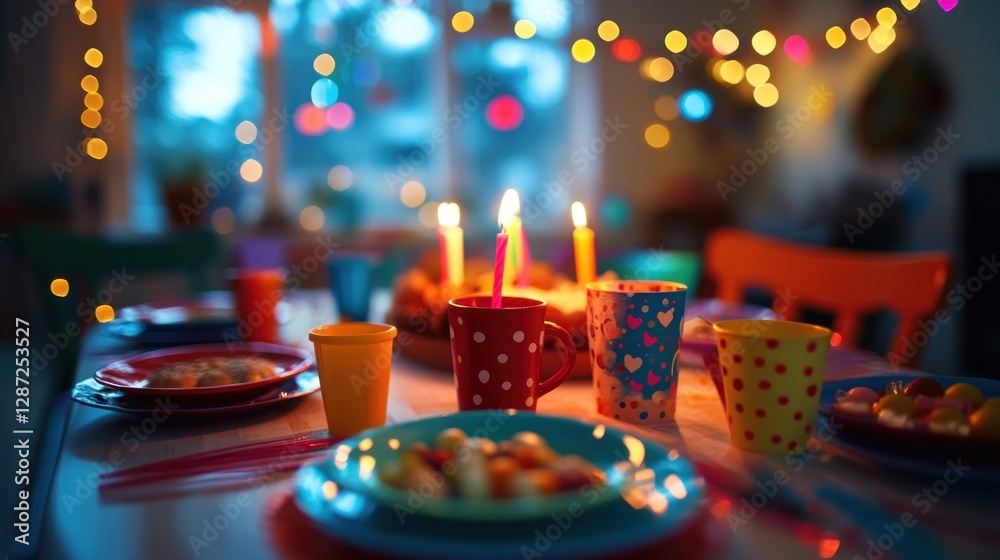 A joyful birthday scene with a table set with colorful plates, cups, napkins, and candles, captured in playful lighting to create an energetic and festive atmosphere A joyful birthday scene with a table set with colorful plates, cups, napkins, and candles, captured in playful lighting to create an energetic and festive atmosphere