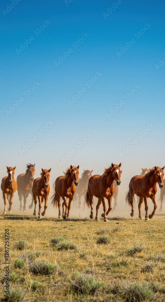 Fototapeta premium Majestic herd of horses galloping across open grassland under clear blue sky