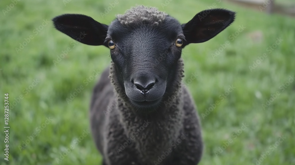 Black sheep in a grassy field, close-up portrait