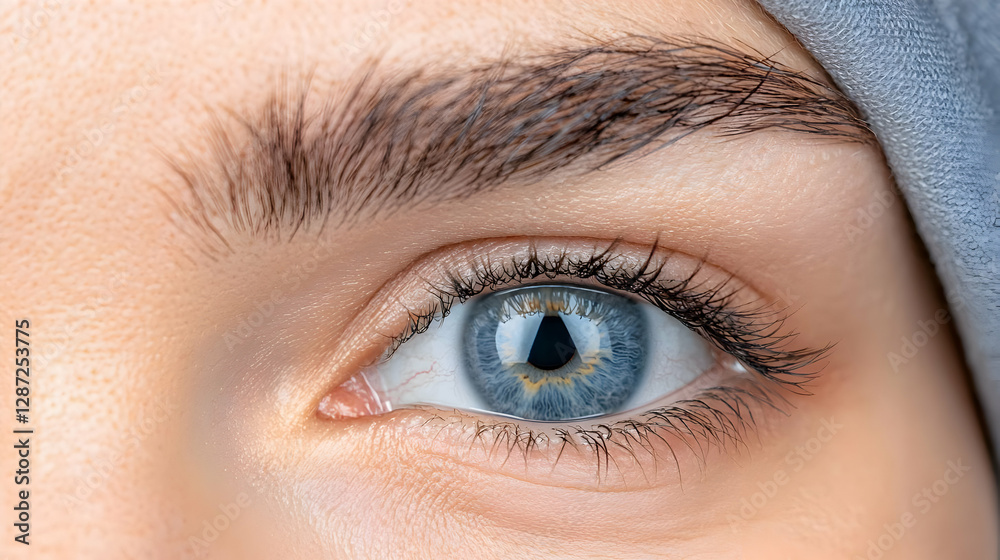Obraz premium Close-up of a blue eye, woman's face, soft focus background, beauty concept