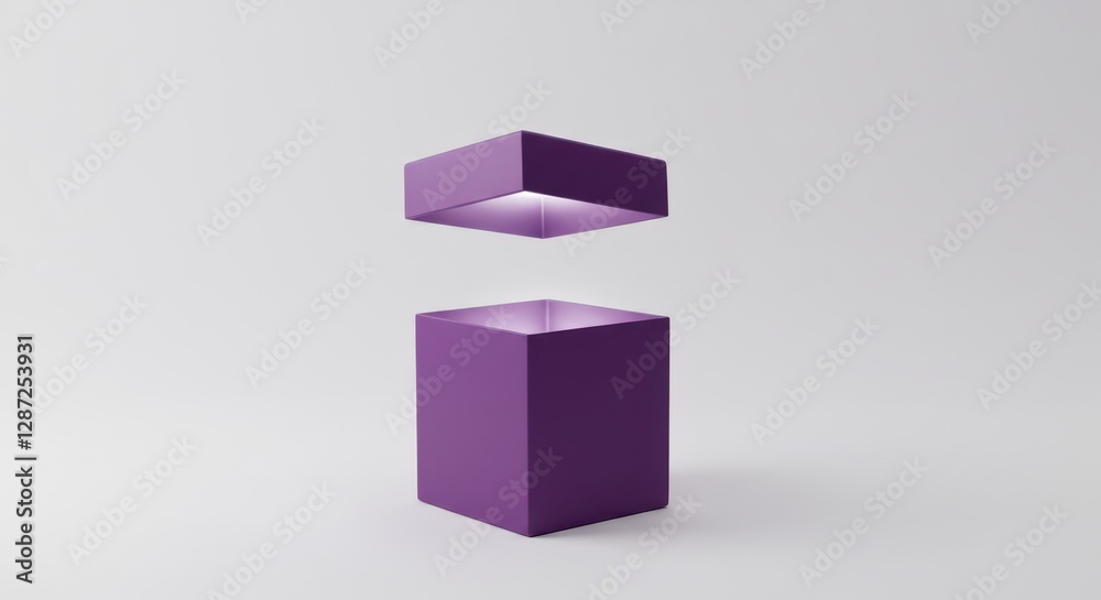 Fototapeta premium Floating purple cube with soft interior light against neutral background