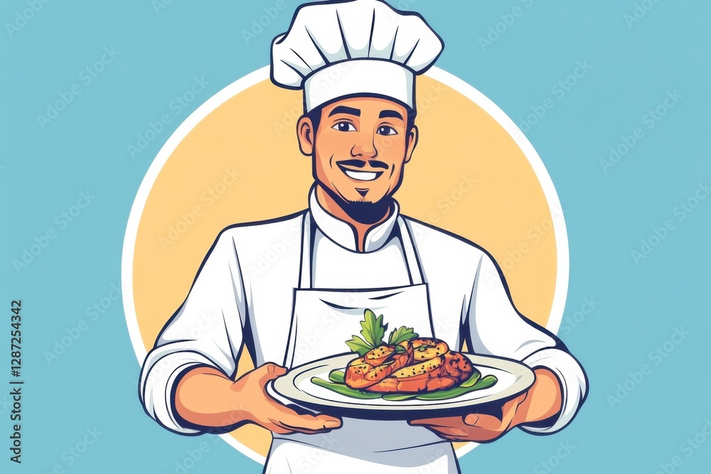 Smiling chef in white apron presenting gourmet dish on a plate with colorful background Smiling chef in white apron presenting gourmet dish on a plate with colorful background