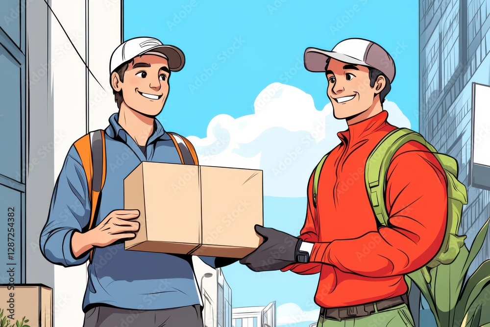 Courier delivering a package to a customer in a cheerful urban setting Courier delivering a package to a customer in a cheerful urban setting