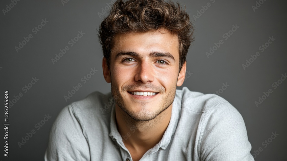 Smiling young man in casual beige t-shirt and glasses, quarter view,portrait with soft lighting Smiling young man in casual beige t-shirt and glasses, quarter view,portrait with soft lighting