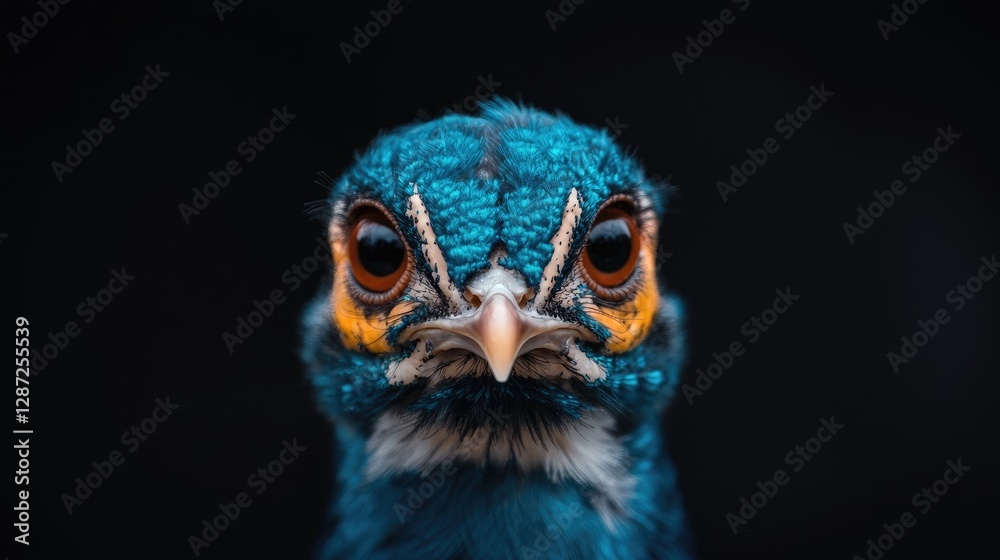 Close-up peacock head portrait against black background. Possible use Nature photography Close-up peacock head portrait against black background. Possible use Nature photography