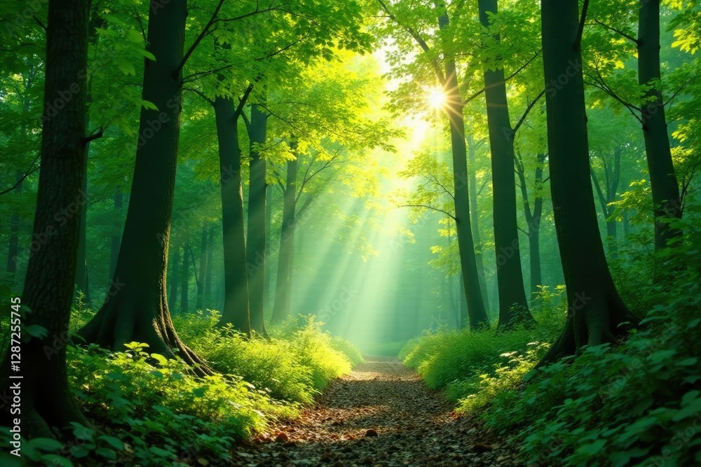 Fototapeta premium Dense forest canopy with sunlight filtering through, trees, nature