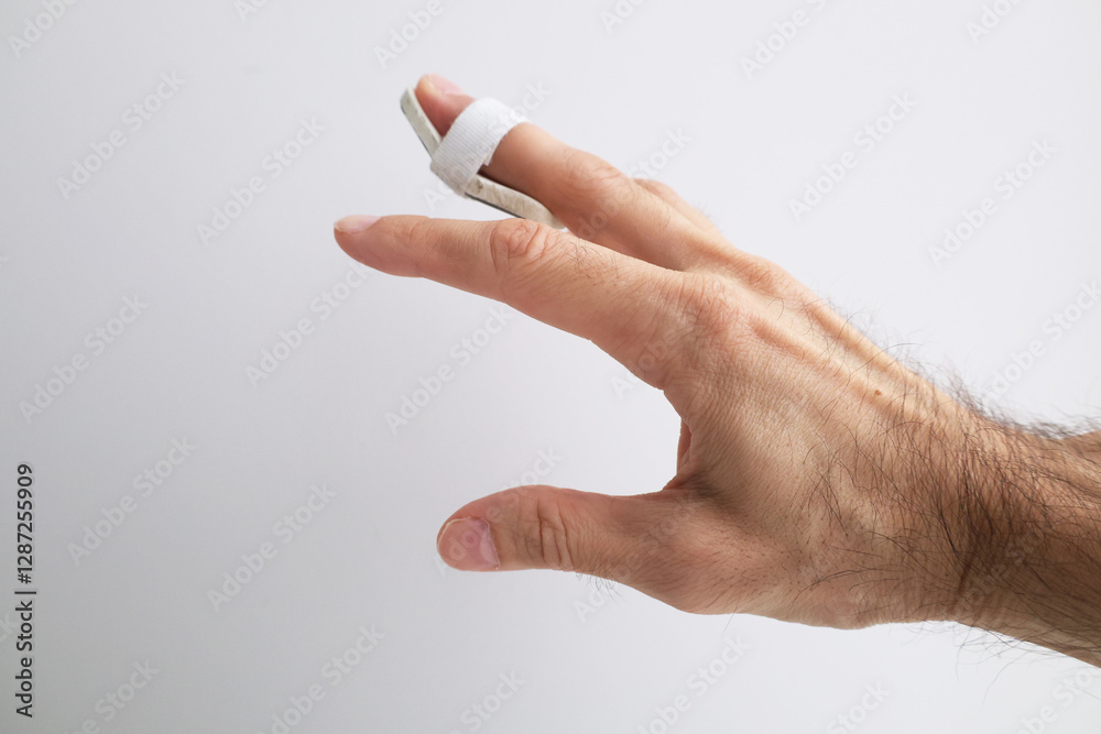 Men palm with injured middle finger Men palm with injured middle finger