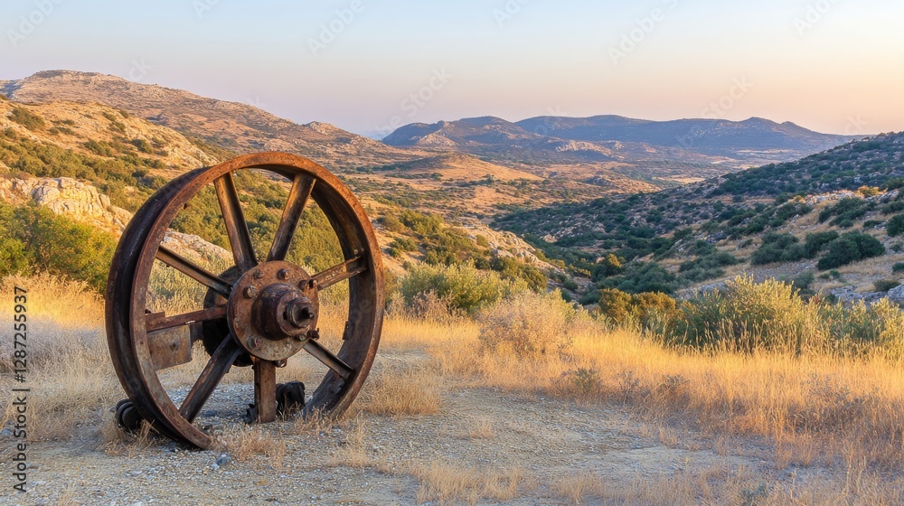 Fototapeta premium Industrial Ruins and Nature's Reclamation: The Story of an Abandoned Metal Wheel