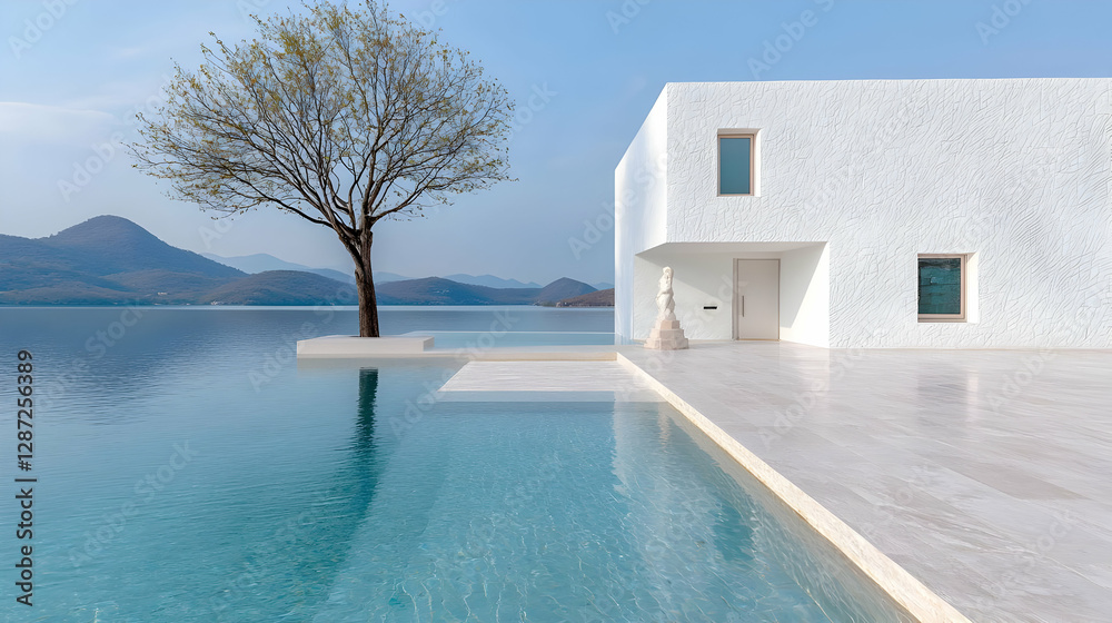 Fototapeta premium Modern white house, infinity pool, lake view, mountains background