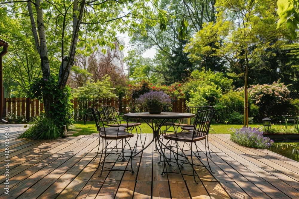 Premium Quality Visual of a Deck with a Table and Chairs in a Garden Premium Quality Visual of a Deck with a Table and Chairs in a Garden