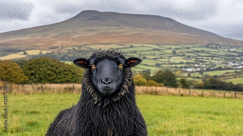 Black Sheep in Field Facing Mountain Landscape