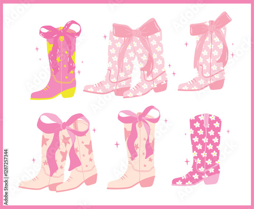 Groovy Retro Cowgirl Boots with Ribbon Bow Flat Design set