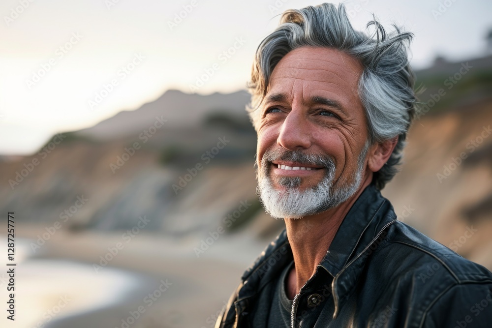 Portrait of a handsome senior man with gray hair and beard in a leather jacket on the beach Portrait of a handsome senior man with gray hair and beard in a leather jacket on the beach