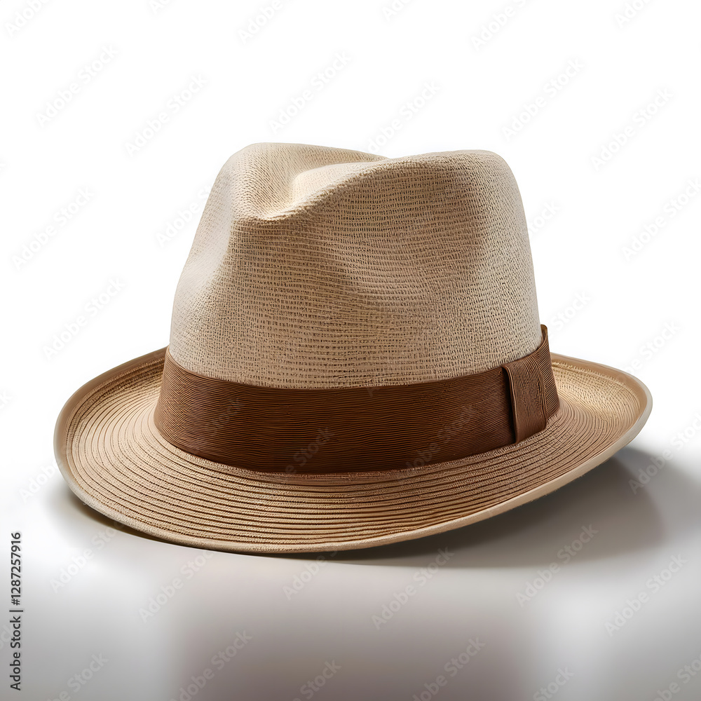 Light beige straw fedora with a dark brown ribbon band on a white background with soft shadows. Generative AI. Light beige straw fedora with a dark brown ribbon band on a white background with soft shadows. Generative AI.