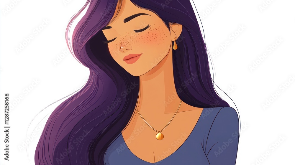 Serene woman, purple hair, gold jewelry, white background, illustration, profile image Serene woman, purple hair, gold jewelry, white background, illustration, profile image