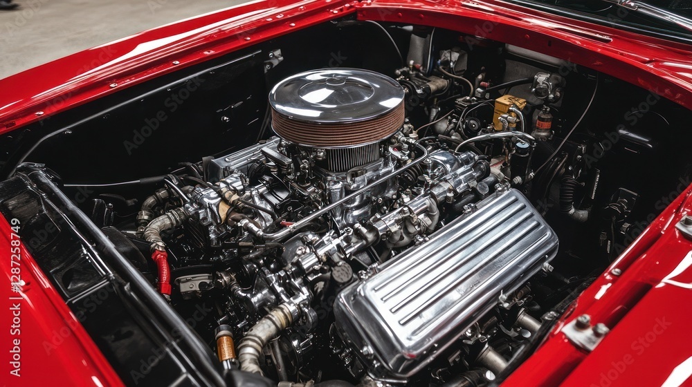 Gleaming Engine Bay of a Classic Red Automobile Gleaming Engine Bay of a Classic Red Automobile