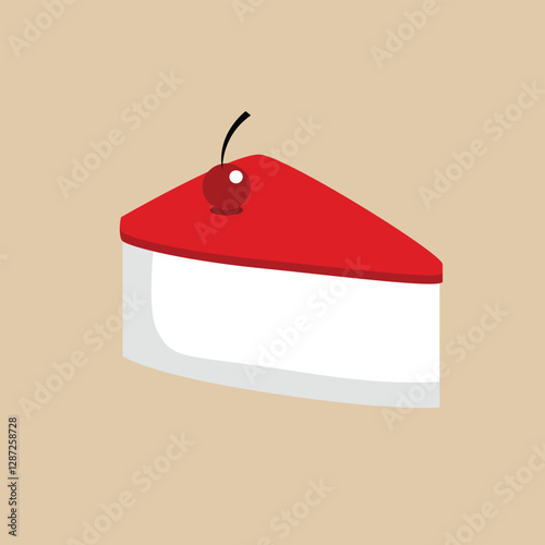 Dessert illustration of a slice of cake with a cherry on top. A slice of cake with red topping and a cherry on top.