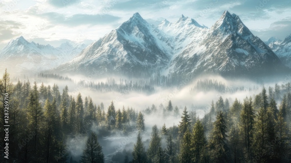 Obraz premium Misty Mountain Valley Sunrise