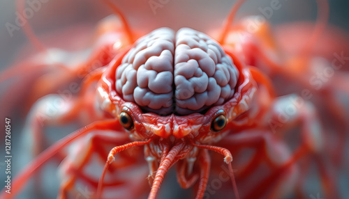 A surreal stock photo featuring an extreme closeup of a shrimp's head with a detailed human brain inside, symbolizing idiocy. The vibrant pink and orange hues of the shrimp contrast with the lifelike  photo