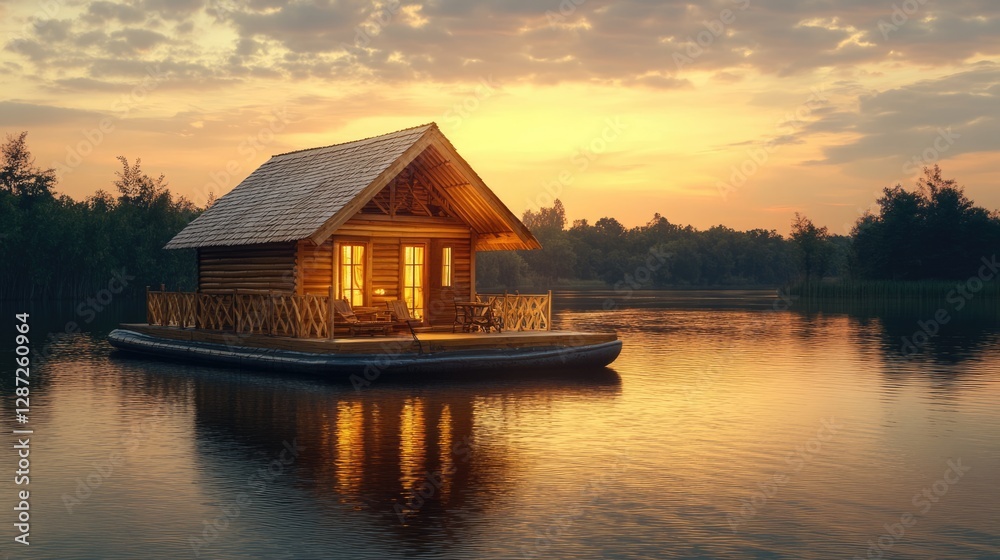Fototapeta premium Sunset Lake House: Golden Hour Cabin on Water