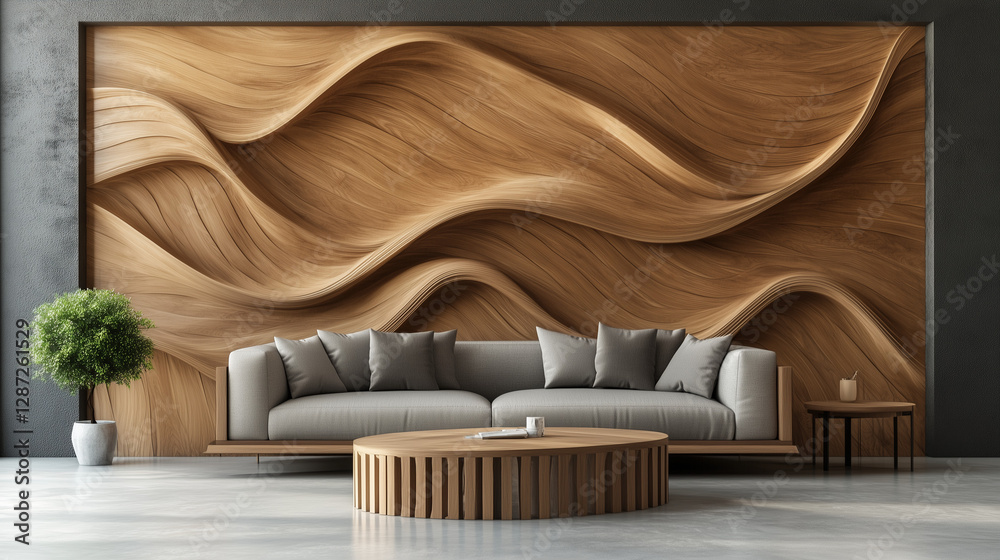 Modern Living Room Interior Design with Wooden Wave Wall Sofa and Coffee Table Modern Living Room Interior Design with Wooden Wave Wall Sofa and Coffee Table
