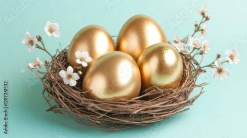 Golden eggs in nest, spring background