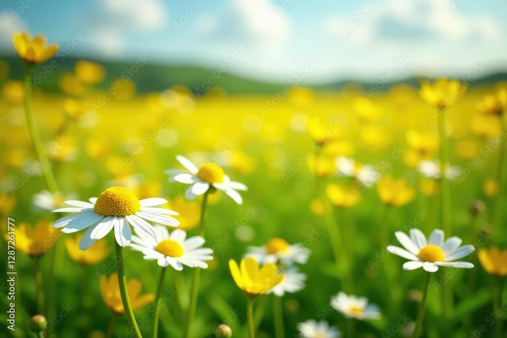 A colorful mix of yellow and white wildflowers in a field, blooms, daisies A colorful mix of yellow and white wildflowers in a field, blooms, daisies