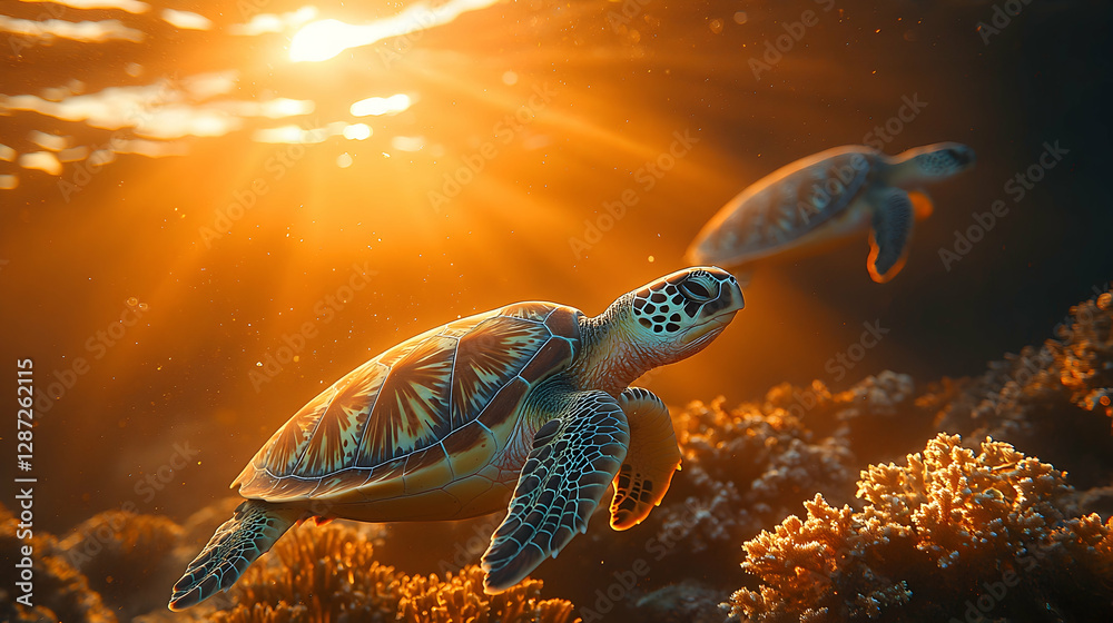 Obraz premium Illustration - Golden Hour Sea Turtles and Coral Reef