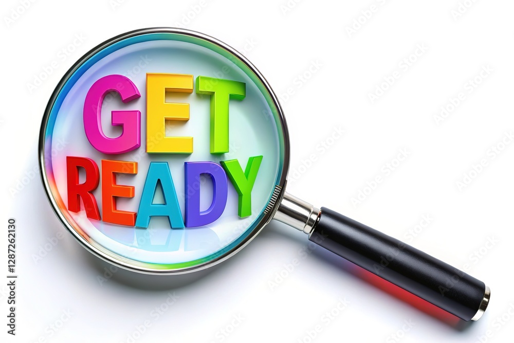 Magnifier with GET READY Text on White Background Magnifier with GET READY Text on White Background