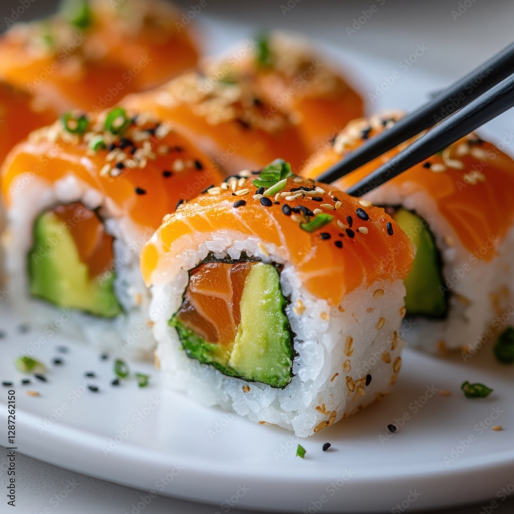 Fresh sushi rolls with salmon and avocado served with chopsticks on a textured plate, garnished with sesame seeds and green onions Fresh sushi rolls with salmon and avocado served with chopsticks on a textured plate, garnished with sesame seeds and green onions
