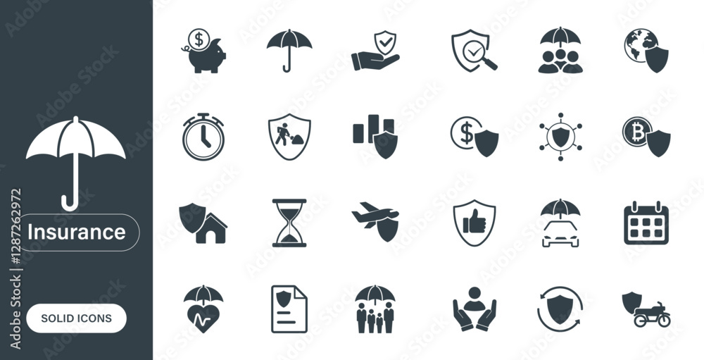 Fototapeta premium Vector icons representing insurance, financial protection, compensation, and health, designed as solid icons in a minimalist style.