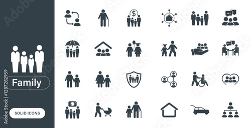 Vector icons representing family, people, connections, and love, designed as solid icons in a minimalist style.