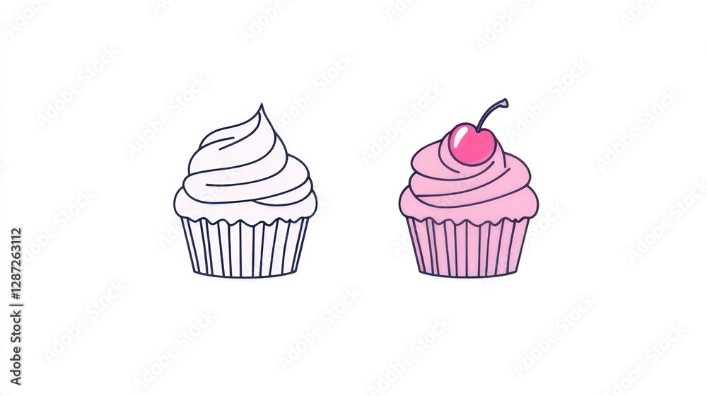 Two cupcakes, white and pink, on a white background Two cupcakes, white and pink, on a white background