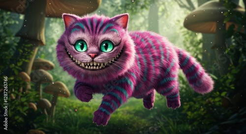 Cartoon Cheshire Cat Running Through Whimsical Forest with Mushrooms Art