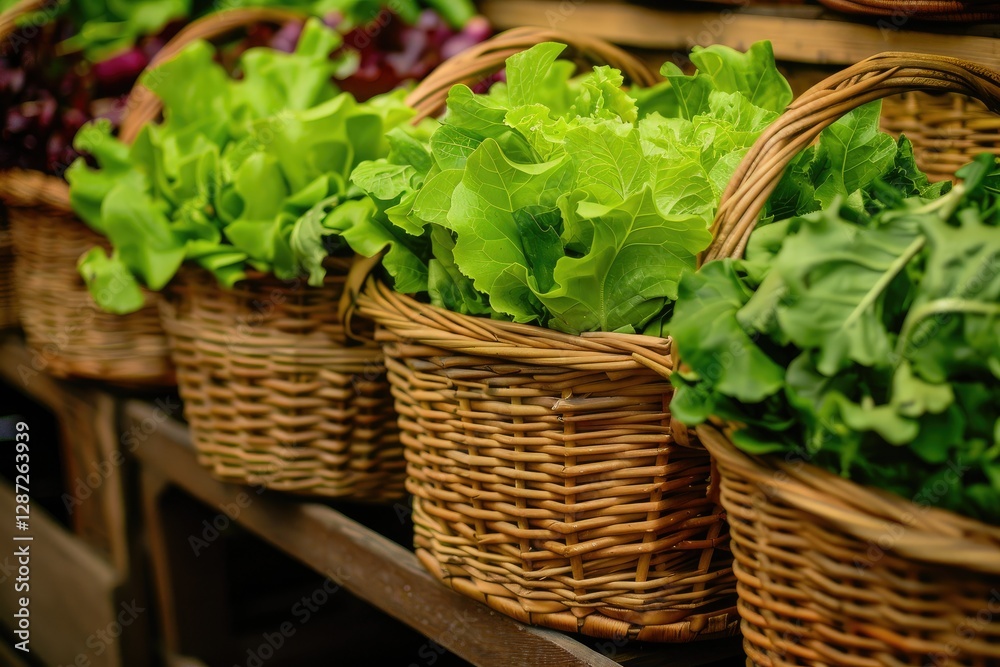 Ultra Hd Visual of Wicker Basket of Fresh Leafy Vegetables Arranged in Row at Market Stall Ultra Hd Visual of Wicker Basket of Fresh Leafy Vegetables Arranged in Row at Market Stall