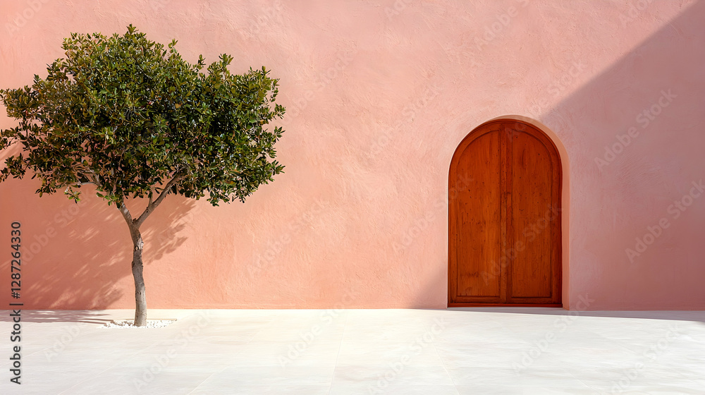 Pink wall, arched door, small tree, sunny courtyard, design Pink wall, arched door, small tree, sunny courtyard, design