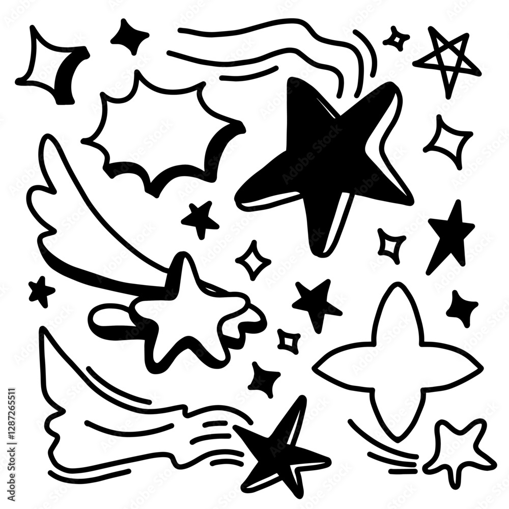 Set of hand drawn light, star and sparkle effect drawing illustrations in doodle style. Set of hand drawn light, star and sparkle effect drawing illustrations in doodle style.
