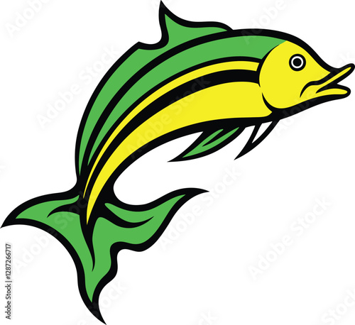 a bright green and yellow mahi mahi soaring above