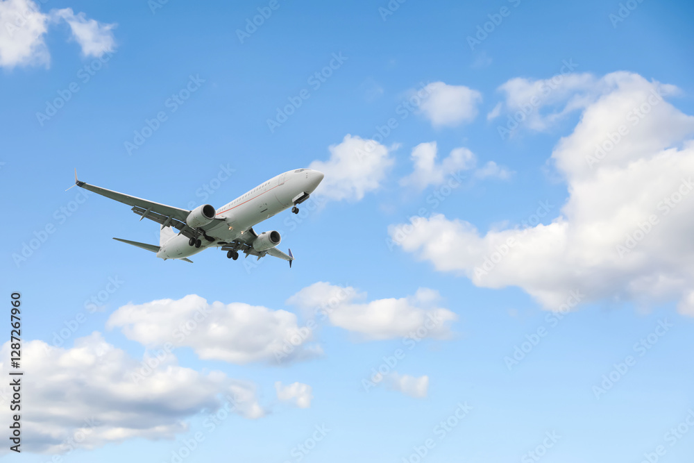 Airplane flying in beautiful blue sky with clouds Airplane flying in beautiful blue sky with clouds