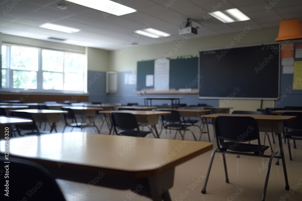 Empty Classroom Desks and Chairs Await Students, Ready for Learning in Educational Setting. Empty Classroom Desks and Chairs Await Students, Ready for Learning in Educational Setting.