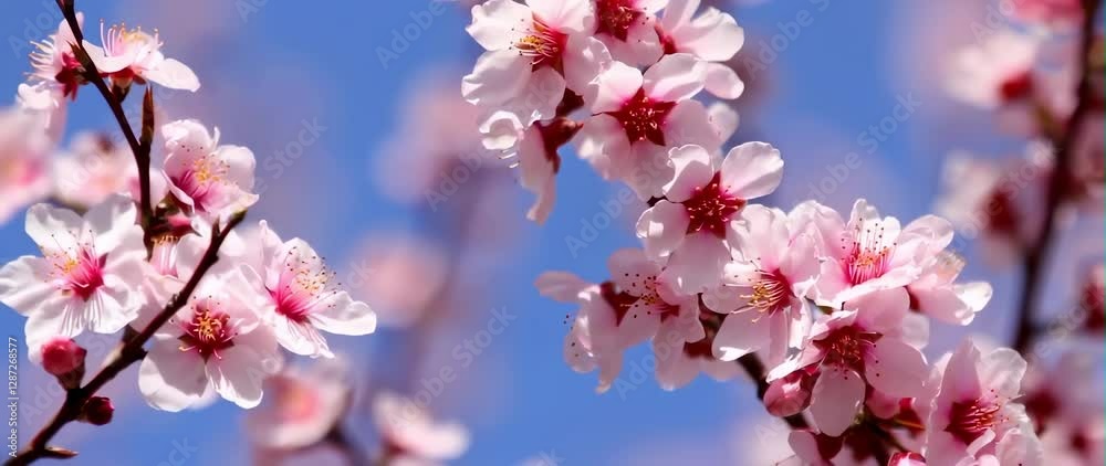 Anamorphic video Cherry blossom flowers, soft pink petals against a bright blue sky Anamorphic video Cherry blossom flowers, soft pink petals against a bright blue sky
