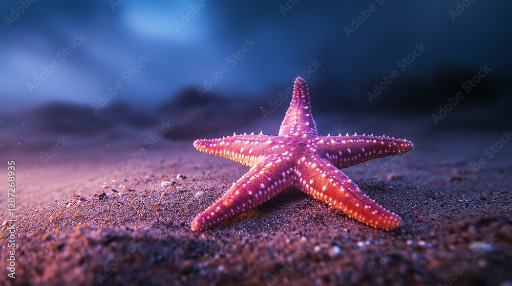 Stunning Pink Starfish on Ocean Sandy Beach at Sunset Underwater Scene Stunning Pink Starfish on Ocean Sandy Beach at Sunset Underwater Scene