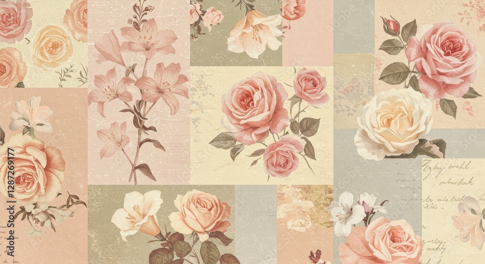 Fototapeta Vintage Floral Pattern with Roses and Lilies on Patchwork Background
