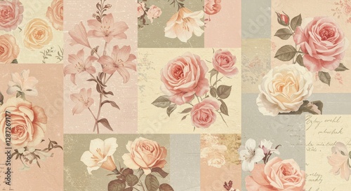 Vintage Floral Pattern with Roses and Lilies on Patchwork Background
