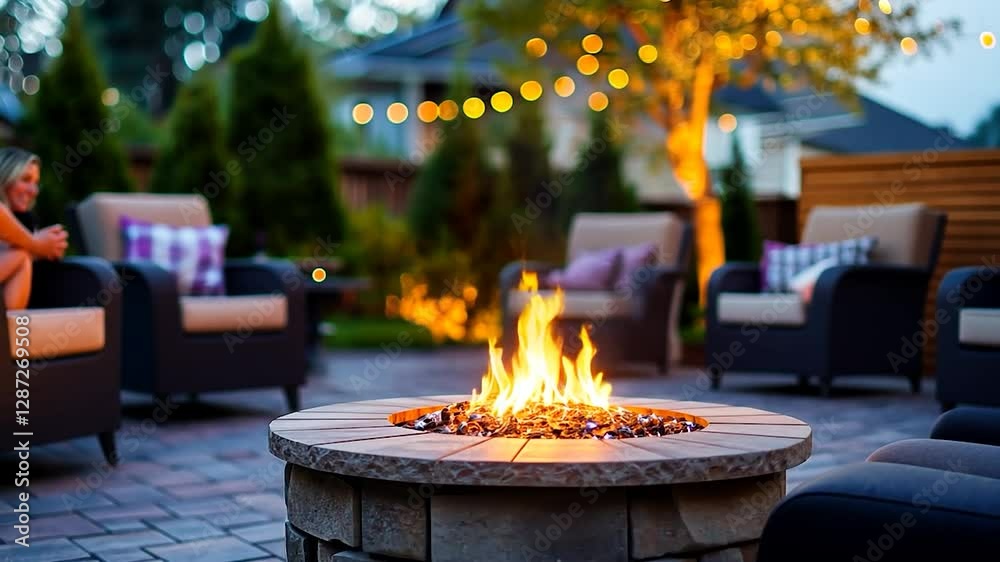 Backyard fire pit, evening gathering, patio furniture, string lights Backyard fire pit, evening gathering, patio furniture, string lights