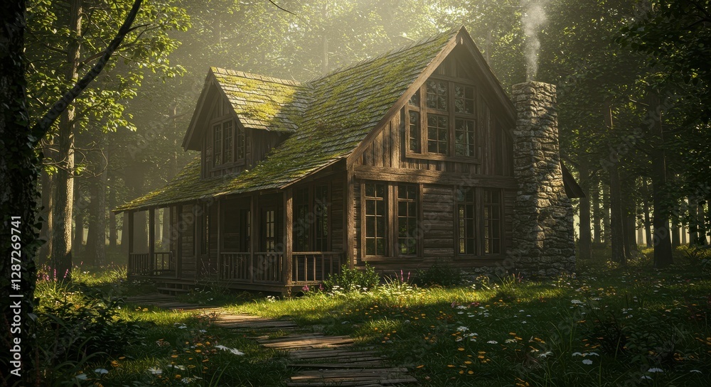 Fototapeta premium Rustic Cabin in Forest with Mossy Roof and Stone Chimney